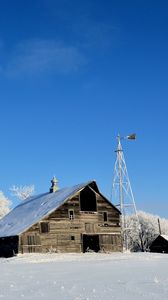 Preview wallpaper house, winter, wind turbine, field