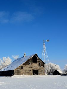 Preview wallpaper house, winter, wind turbine, field