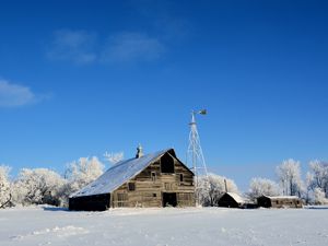 Preview wallpaper house, winter, wind turbine, field