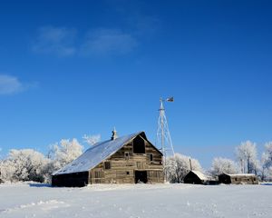 Preview wallpaper house, winter, wind turbine, field