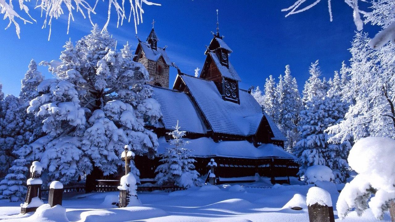 Wallpaper house, wood, trees, snow, winter