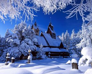 Preview wallpaper house, wood, trees, snow, winter