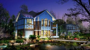 Preview wallpaper house, yard, garden, evening, light, pond, vegetation, water-lilies