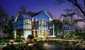 Preview wallpaper house, yard, garden, evening, light, pond, vegetation, water-lilies