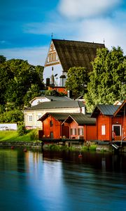 Preview wallpaper houses, architecture, river, pier