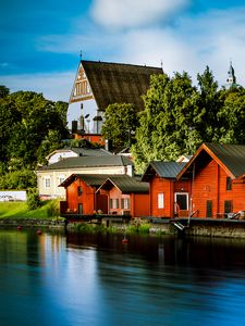 Preview wallpaper houses, architecture, river, pier