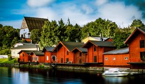 Preview wallpaper houses, architecture, river, pier