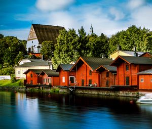 Preview wallpaper houses, architecture, river, pier