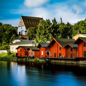 Preview wallpaper houses, architecture, river, pier