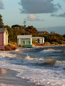 Preview wallpaper houses, beach, sea, waves