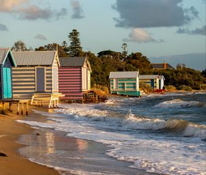 Preview wallpaper houses, beach, sea, waves