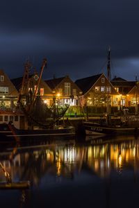 Preview wallpaper houses, boats, bay, night, dark