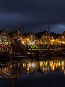 Preview wallpaper houses, boats, bay, night, dark