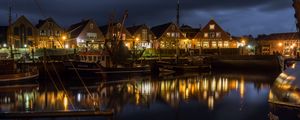 Preview wallpaper houses, boats, bay, night, dark