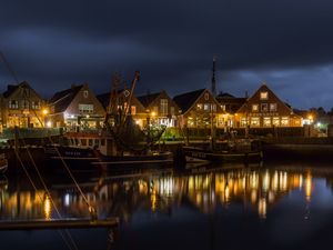 Preview wallpaper houses, boats, bay, night, dark