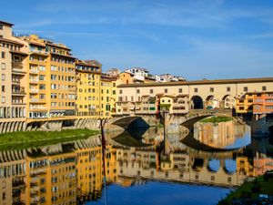 Preview wallpaper houses, buildings, arch, river, reflection