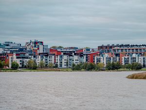 Preview wallpaper houses, buildings, architecture, pond, sky