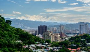 Preview wallpaper houses, buildings, city, trees, mountains, clouds