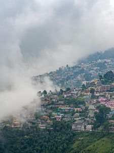 Preview wallpaper houses, buildings, fog, trees, city