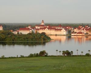 Preview wallpaper houses, buildings, grass, trees, river