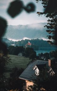 Preview wallpaper houses, buildings, lake, mountains, nature