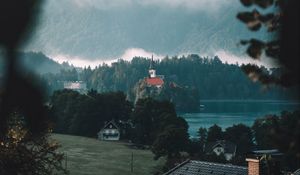 Preview wallpaper houses, buildings, lake, mountains, nature