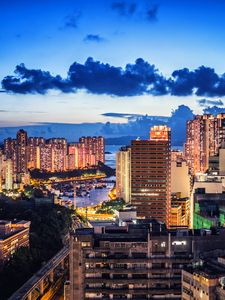 Preview wallpaper houses, buildings, lights, bay, evening, city