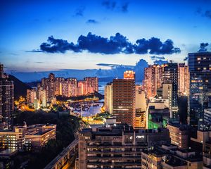 Preview wallpaper houses, buildings, lights, bay, evening, city