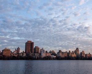 Preview wallpaper houses, buildings, river, sky, clouds