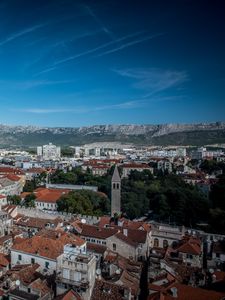 Preview wallpaper houses, buildings, tower, trees, mountains, city