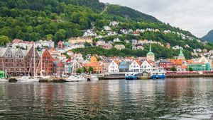 Preview wallpaper houses, chapel, trees, pier, lake