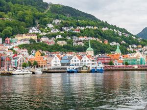 Preview wallpaper houses, chapel, trees, pier, lake