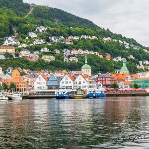 Preview wallpaper houses, chapel, trees, pier, lake