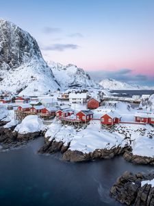 Preview wallpaper houses, coast, mountains, snow, island, sea