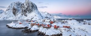 Preview wallpaper houses, coast, mountains, snow, island, sea