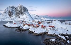 Preview wallpaper houses, coast, mountains, snow, island, sea