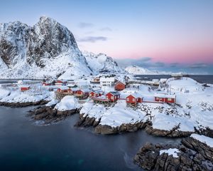 Preview wallpaper houses, coast, mountains, snow, island, sea