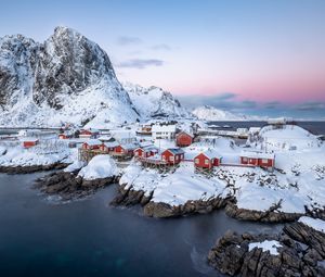 Preview wallpaper houses, coast, mountains, snow, island, sea