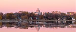 Preview wallpaper houses, dome, buildings, lake, trees