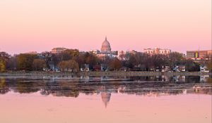 Preview wallpaper houses, dome, buildings, lake, trees