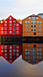 Preview wallpaper houses, facade, water, reflection, architecture, candinavia, scandinavia