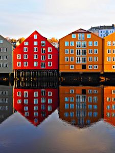 Preview wallpaper houses, facade, water, reflection, architecture, candinavia, scandinavia