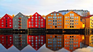 Preview wallpaper houses, facade, water, reflection, architecture, candinavia, scandinavia