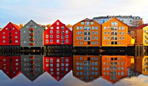 Preview wallpaper houses, facade, water, reflection, architecture, candinavia, scandinavia