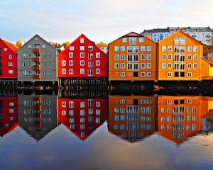 Preview wallpaper houses, facade, water, reflection, architecture, candinavia, scandinavia