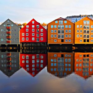 Preview wallpaper houses, facade, water, reflection, architecture, candinavia, scandinavia