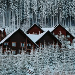 Preview wallpaper houses, forest, snow, winter, nature