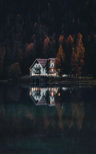 Preview wallpaper houses, forest, trees, lake, reflections, landscape