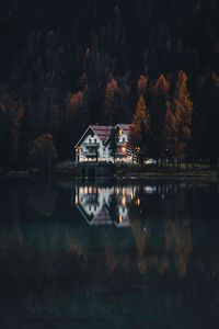 Preview wallpaper houses, forest, trees, lake, reflections, landscape