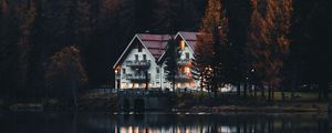 Preview wallpaper houses, forest, trees, lake, reflections, landscape